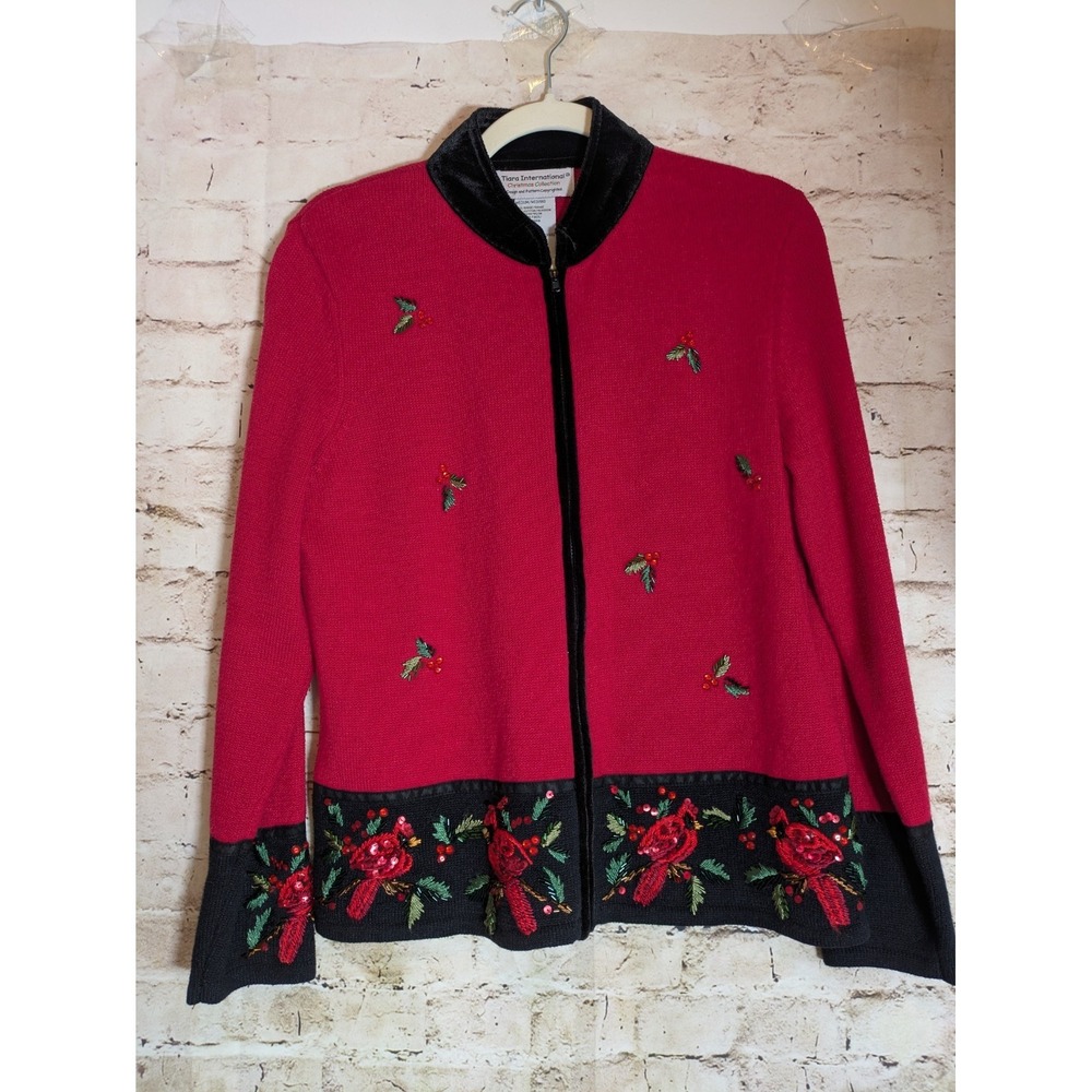 Vintageβ Tiara International Christmas Sweater Medium Zip Embroidered Cardinals